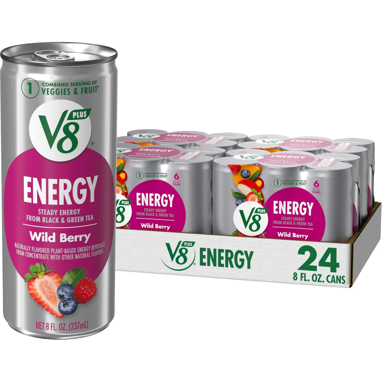V8 +Energy Wild Berry Juice Energy Drink, 8 fl oz Can (24 Pack)