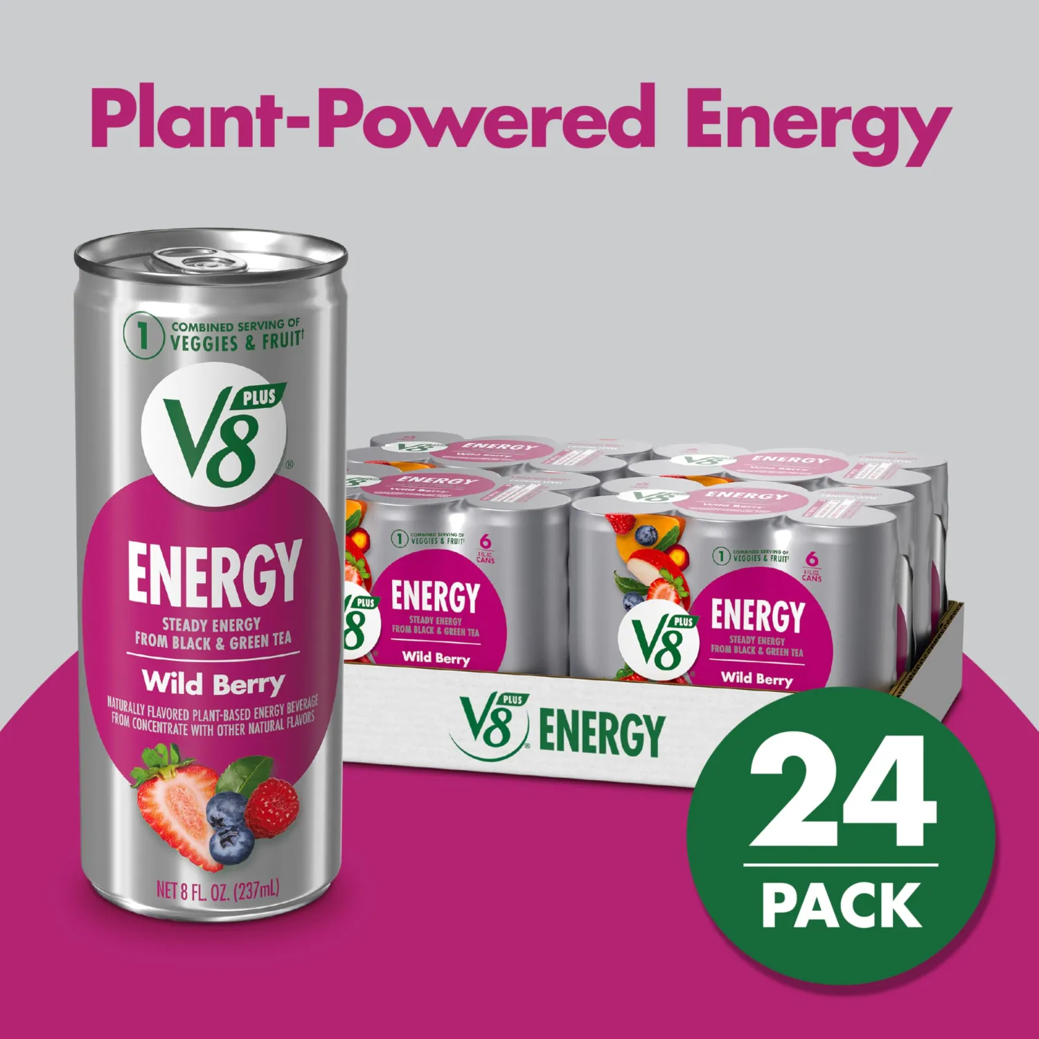 V8 +Energy Wild Berry Juice Energy Drink, 8 fl oz Can (24 Pack)