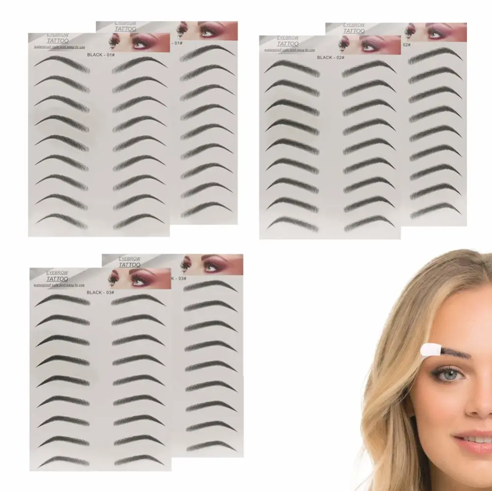 6 Sheets Eyebrow Tattoo Stickers 6D Realistic Stick-On Eyebrow Stencil Shape Waterproof Transfer Eyebrow Decal Quick Makeup Tool (Black)