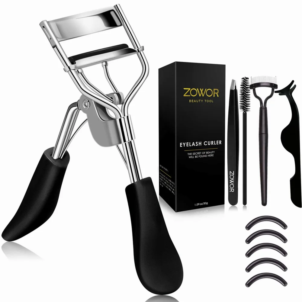 Eyelash Curler with comb and brush Fit All Eye Shape Curved Eyelash Curlers with 5PCS Silicone Refill Pad,Natural and Long Lasting Lash Curler for Women Make Up Gift(Black)