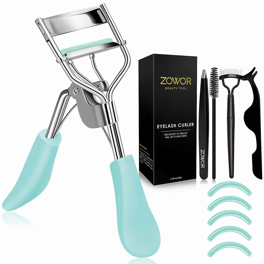 Eyelash Curler with comb and brush Fit All Eye Shape Curved Eyelash Curlers with 5PCS Silicone Refill Pad,Natural and Long Lasting Lash Curler for Women Make Up Gift(Blue)