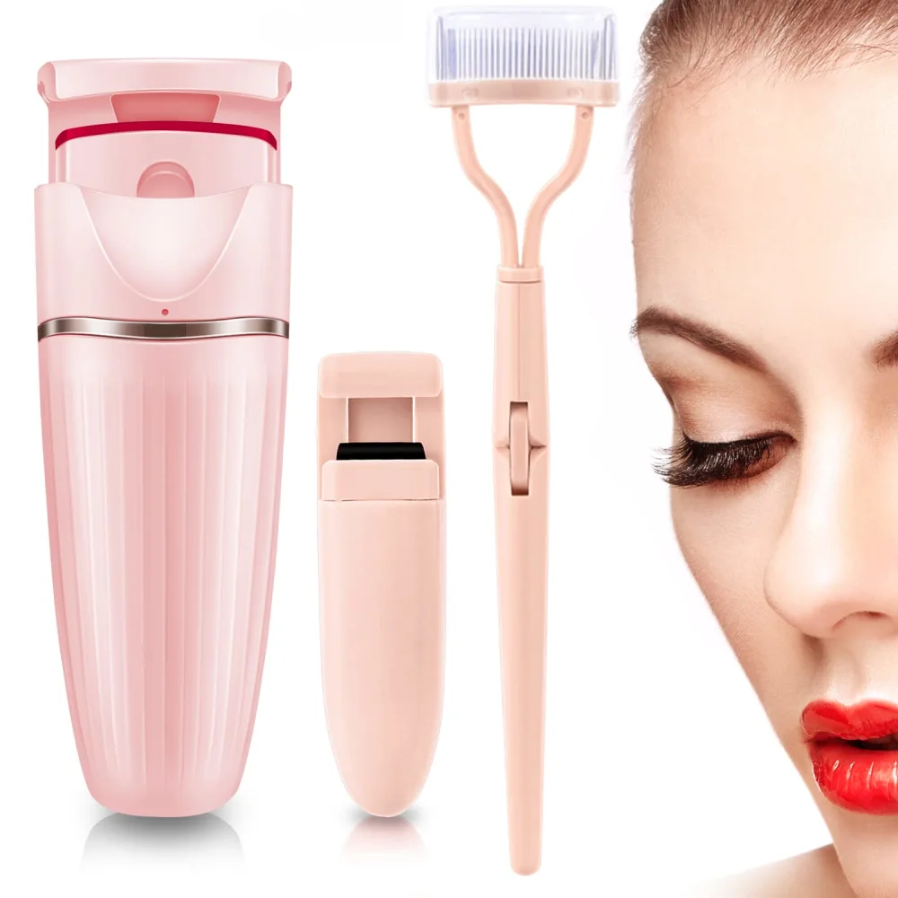 Heated Eyelash Curler Electric Eyelash Curler USB Rechargeable D-Curl with Eyelash Brush Comb Separator Curler Mascara Applicator with Silicone Pad for Long Lasting Natural Curling(Pink)