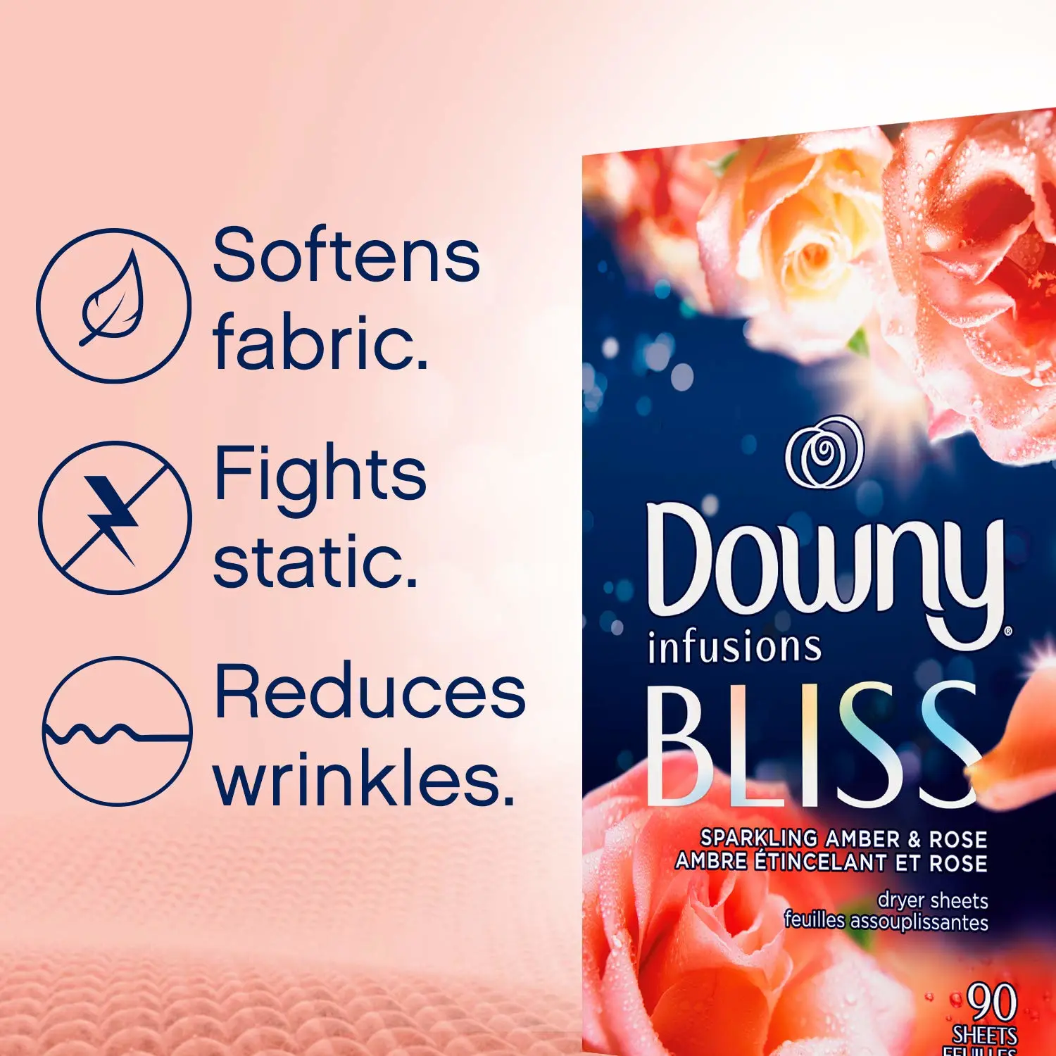 Downy Infusions Mega Dryer Sheets, Laundry Fabric Softener, BLISS, Amber and Rose, 130 Count