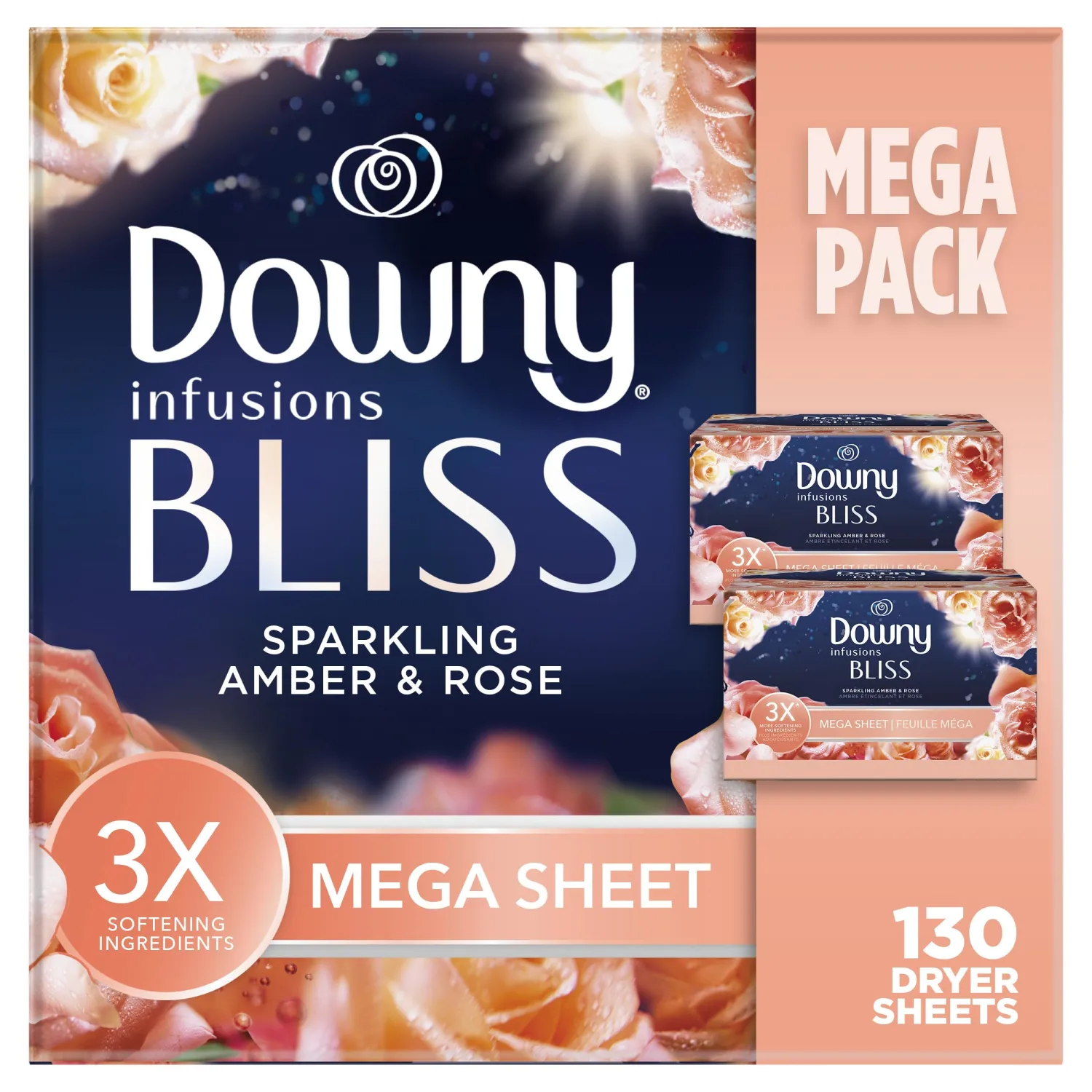 Downy Infusions Mega Dryer Sheets, Laundry Fabric Softener, BLISS, Amber and Rose, 130 Count
