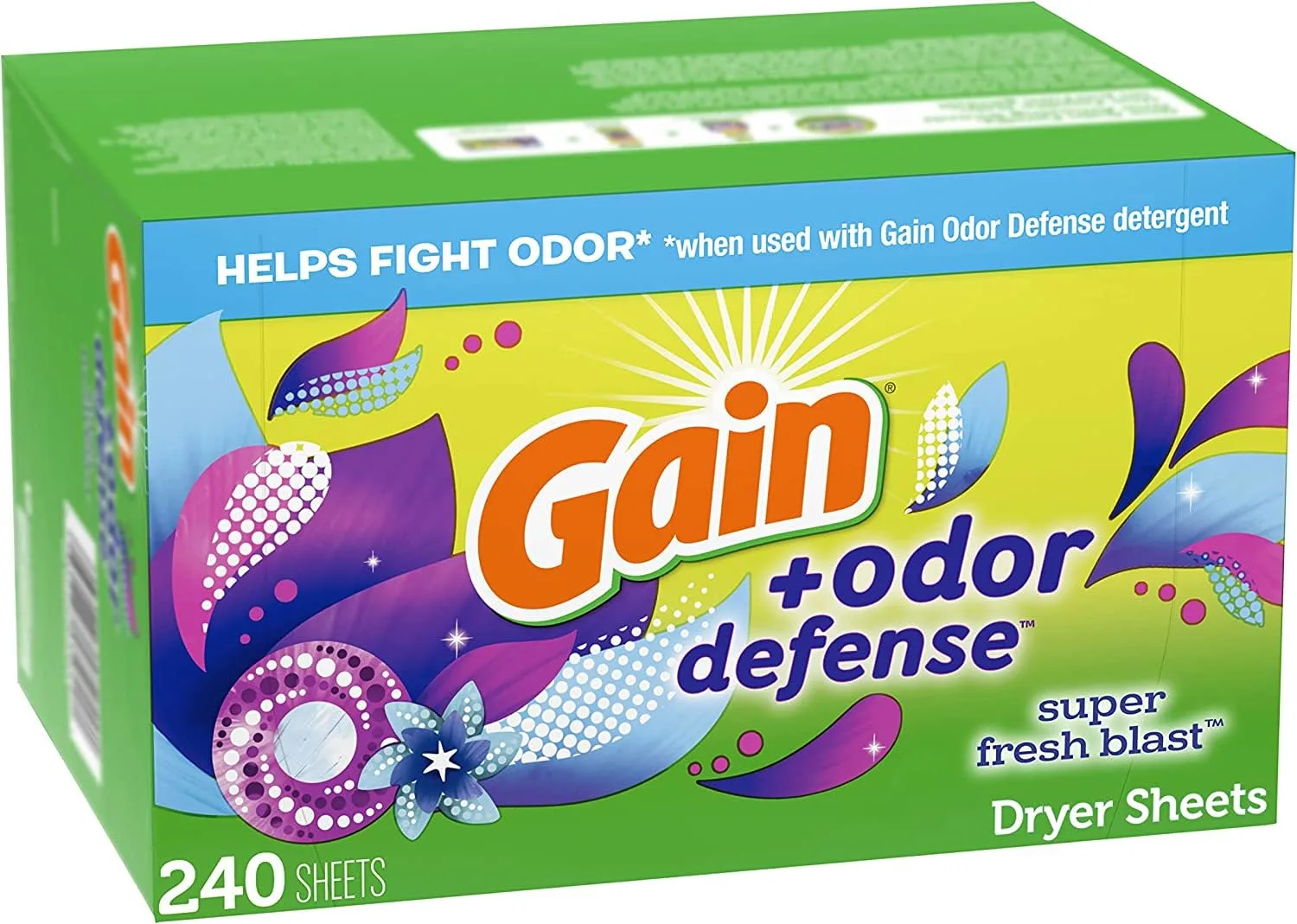 Gain + Odor Defense Dryer Sheets, Super Fresh Blast Scent Fabric Softener Sheets, 240 ct