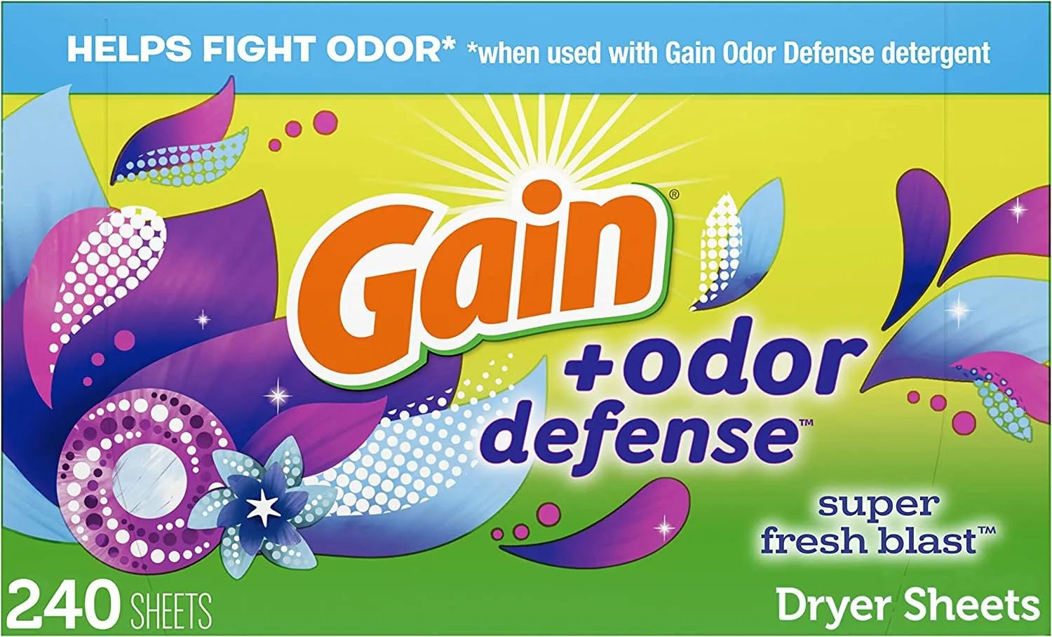 Gain + Odor Defense Dryer Sheets, Super Fresh Blast Scent Fabric Softener Sheets, 240 ct