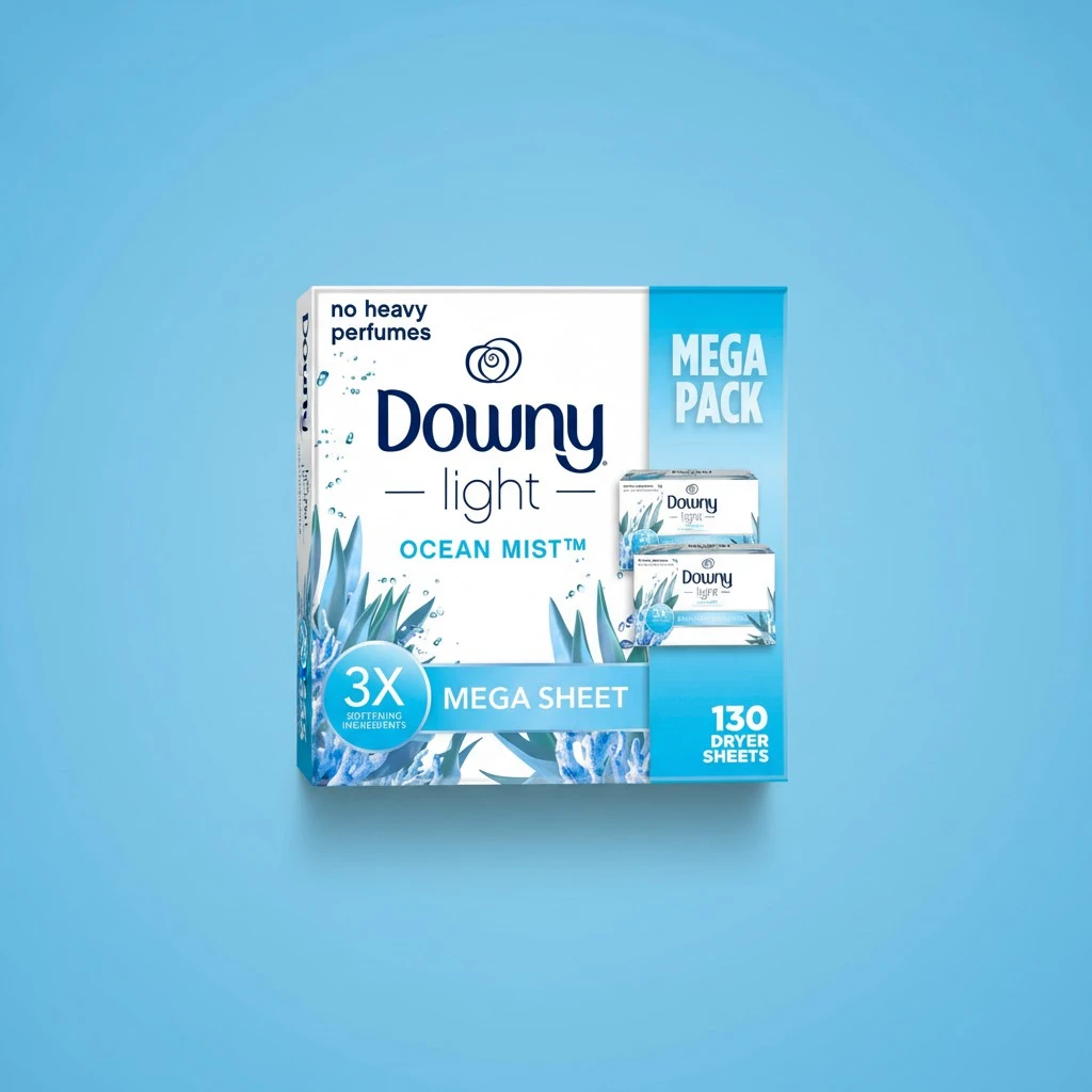 Downy Light Mega Dryer Sheets, Fabric Softener Dryer Sheets, Ocean Mist, 130 Count
