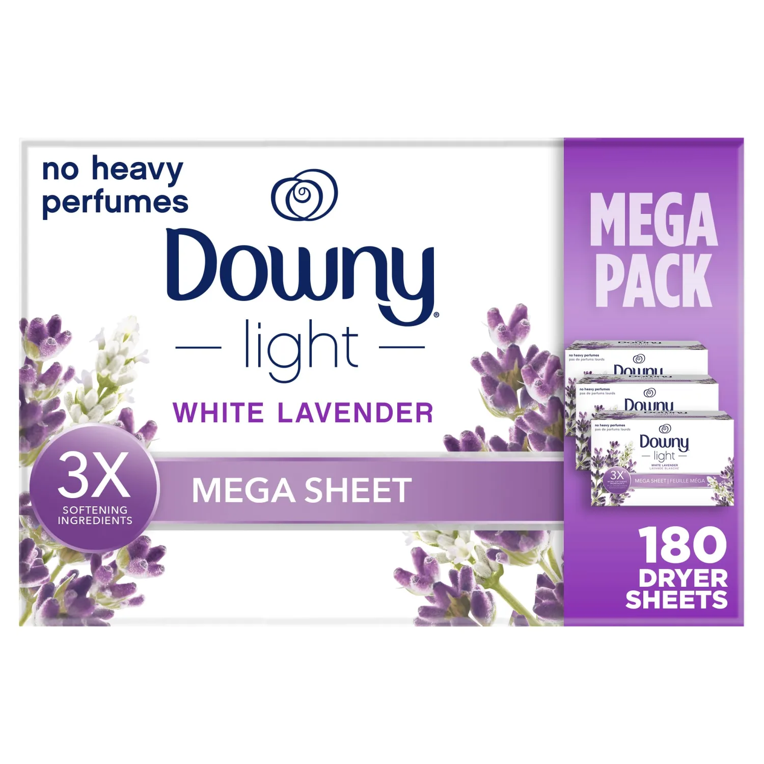 Downy Light Mega Dryer Sheets, Fabric Softener Dryer Sheets, White Lavender, 180 Count