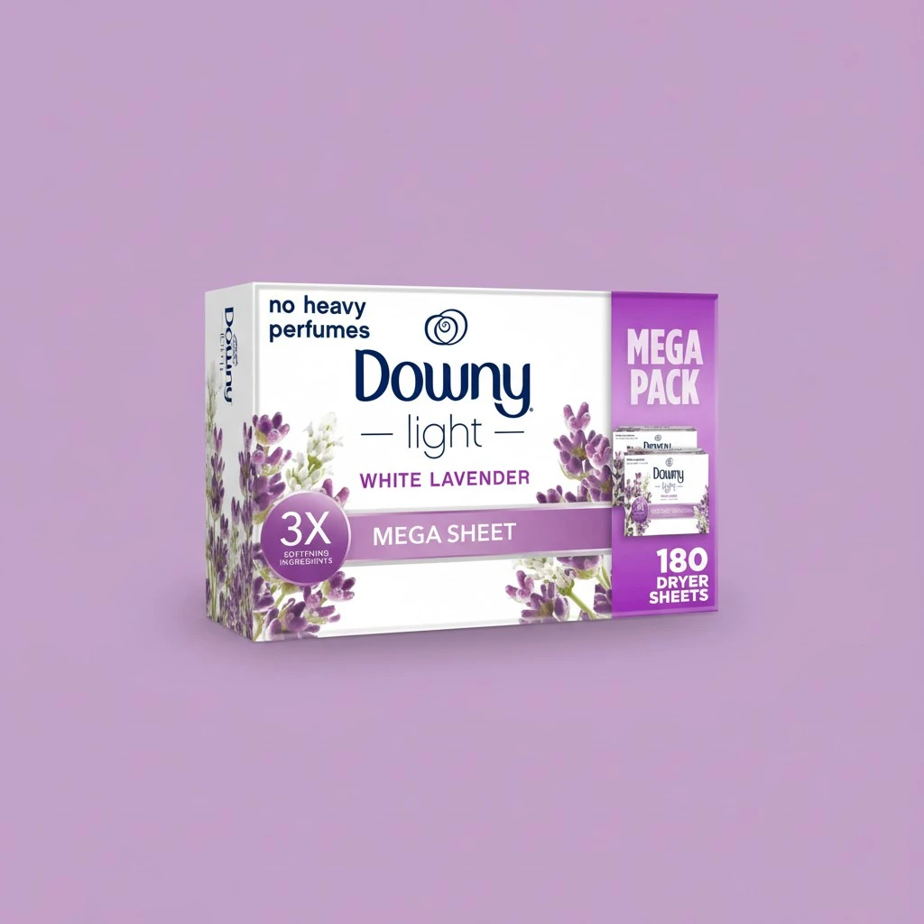 Downy Light Mega Dryer Sheets, Fabric Softener Dryer Sheets, White Lavender, 180 Count