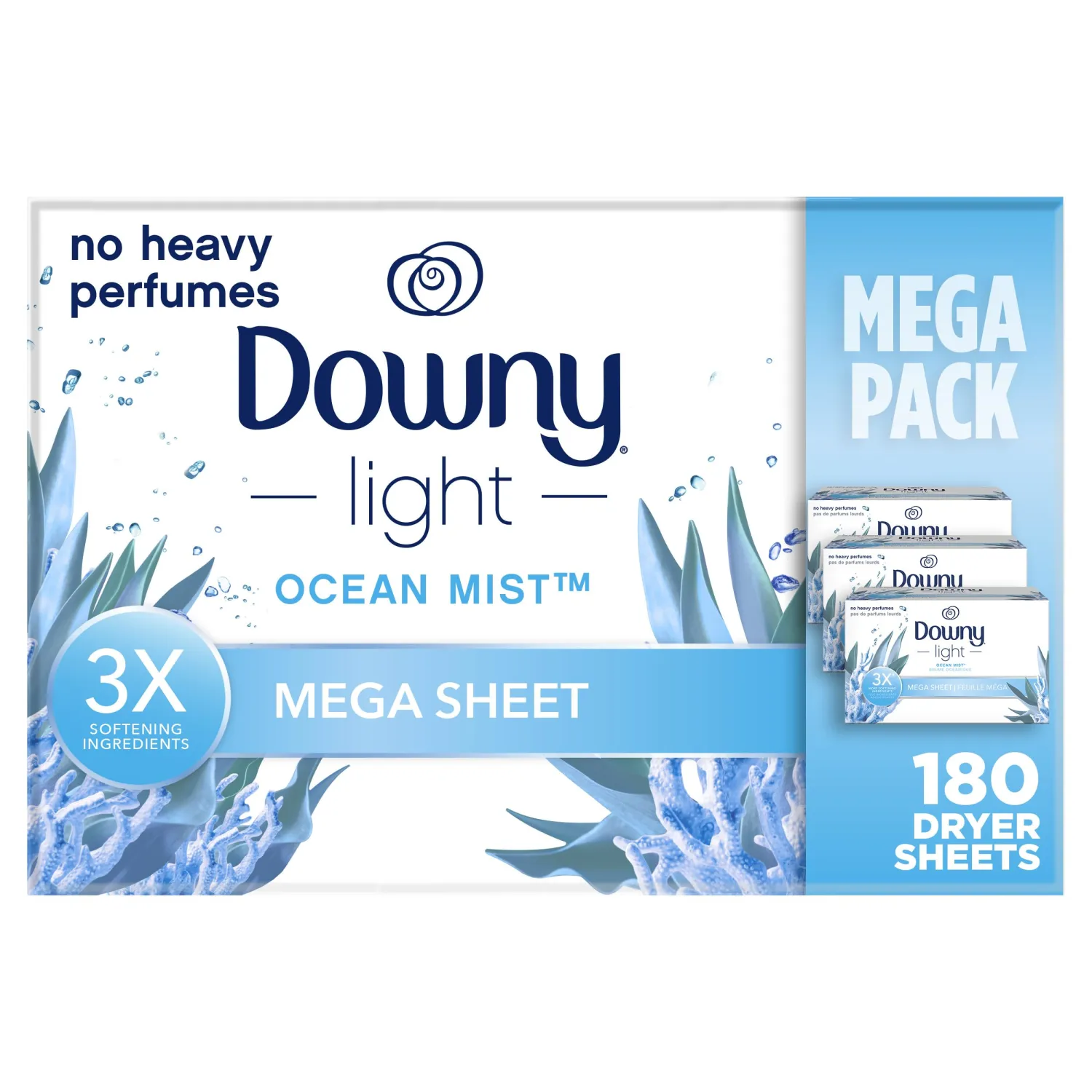 Downy Light Mega Dryer Sheets, Fabric Softener Dryer Sheets, Ocean Mist, 180 Count