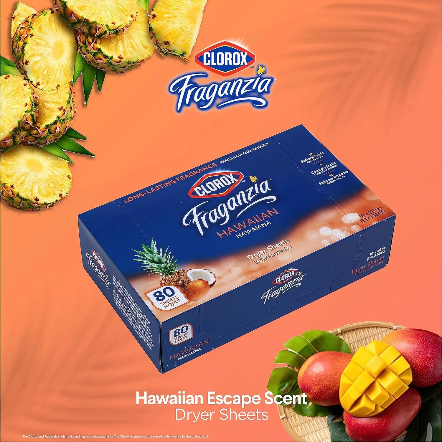 Clorox Fraganzia Dryer Sheets in Hawaiian Escape Scent, 80 Count 6Pack WrinkleReducing Fabric Softener Sheets Best Laundry Dryer Sheets with LongLasting Tropical Scent (Pack of 6, 480 Count Total)
