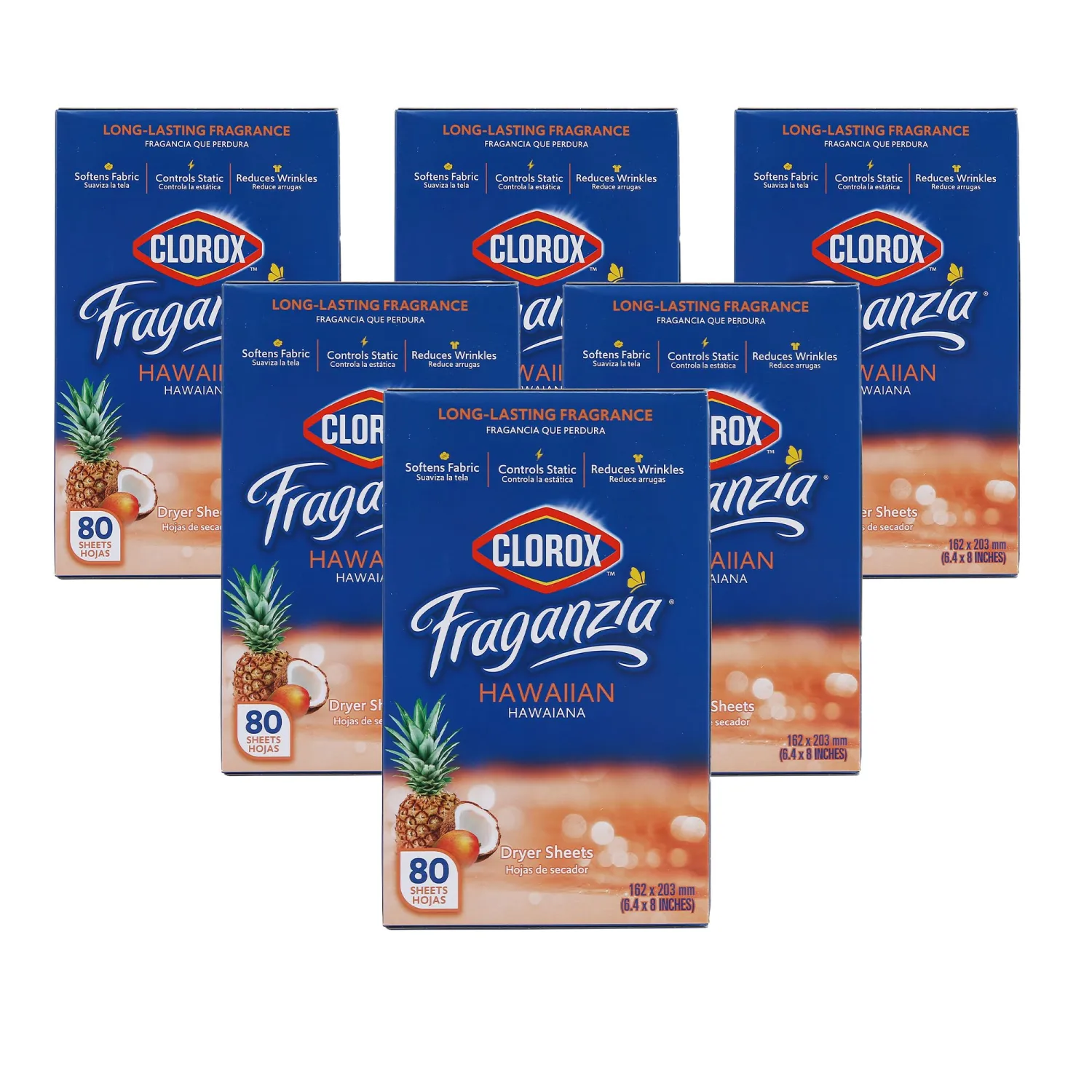 Clorox Fraganzia Dryer Sheets in Hawaiian Escape Scent, 80 Count 6Pack WrinkleReducing Fabric Softener Sheets Best Laundry Dryer Sheets with LongLasting Tropical Scent (Pack of 6, 480 Count Total)