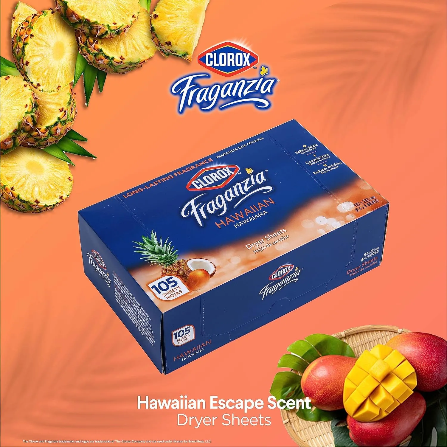 Clorox Fraganzia Dryer Sheets in Hawaiian Escape Scent, 105 Count 6 Pack WrinkleReducing Fabric Softener Sheets |Best Laundry Dryer Sheets with LongLasting Tropical Scent (Pack of 6, 630 Count Total)