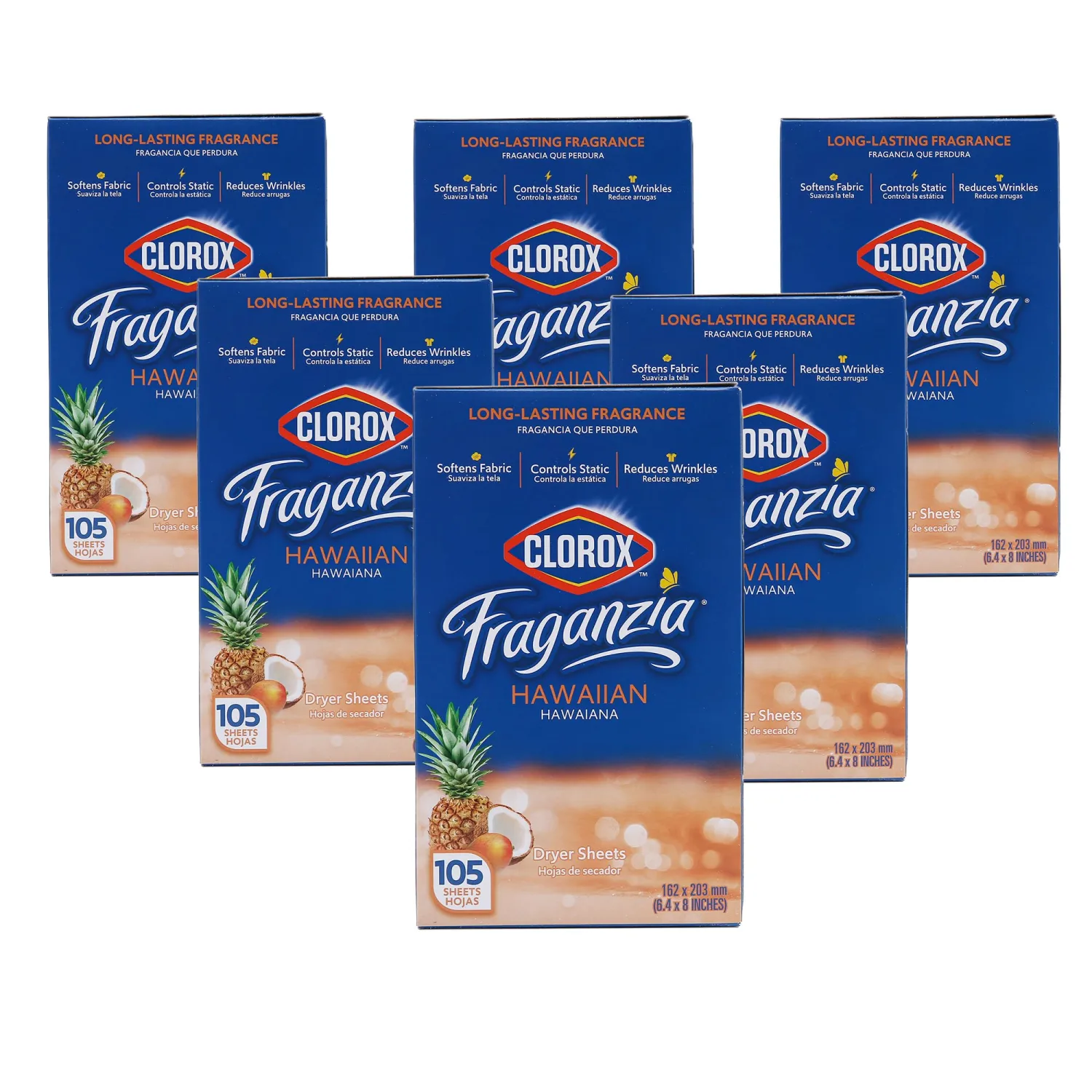 Clorox Fraganzia Dryer Sheets in Hawaiian Escape Scent, 105 Count 6 Pack WrinkleReducing Fabric Softener Sheets |Best Laundry Dryer Sheets with LongLasting Tropical Scent (Pack of 6, 630 Count Total)