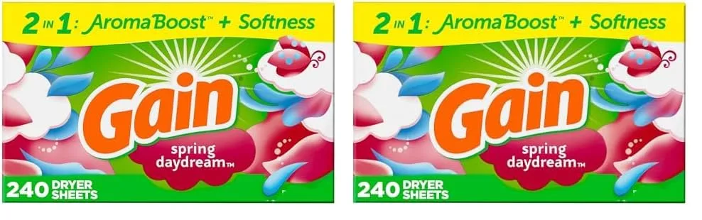 Gain Dryer Sheets, 240 Count, Original Scent Laundry Fabric Softener Sheets with 2-in-1 AromaBoost Plus Softness (Pack of 2)