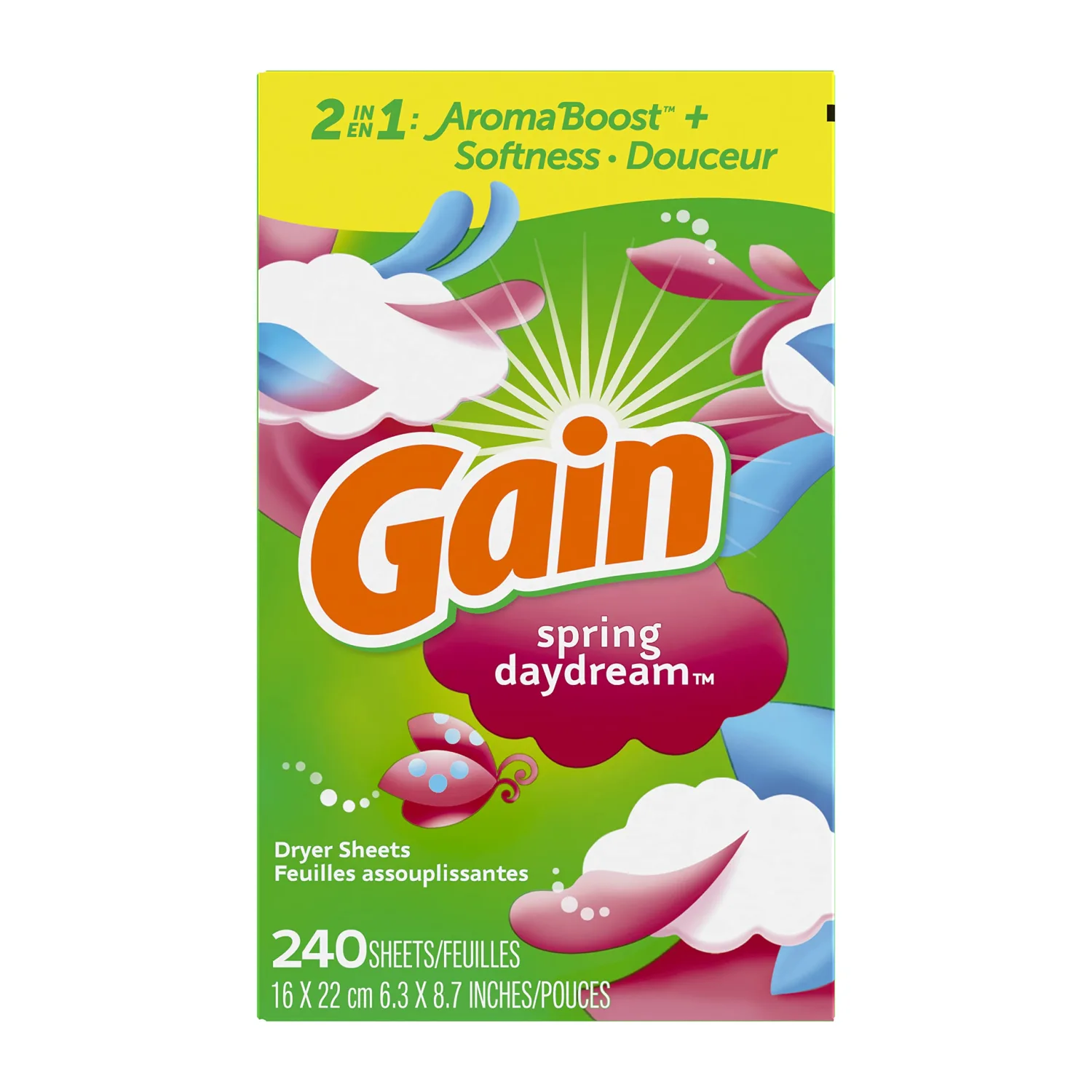 Gain Dryer Sheets, 240 Count, Original Scent Laundry Fabric Softener Sheets with 2-in-1 AromaBoost Plus Softness (Pack of 2)