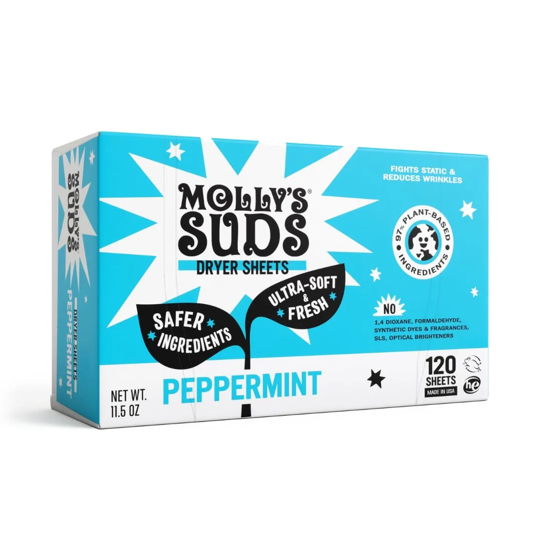 Molly's Suds Fabric Softener Dryer Sheets for Sensitive Skin | Plant-Based Static Reducer, Plastic-Free Packaging | Peppermint (120 Sheets)