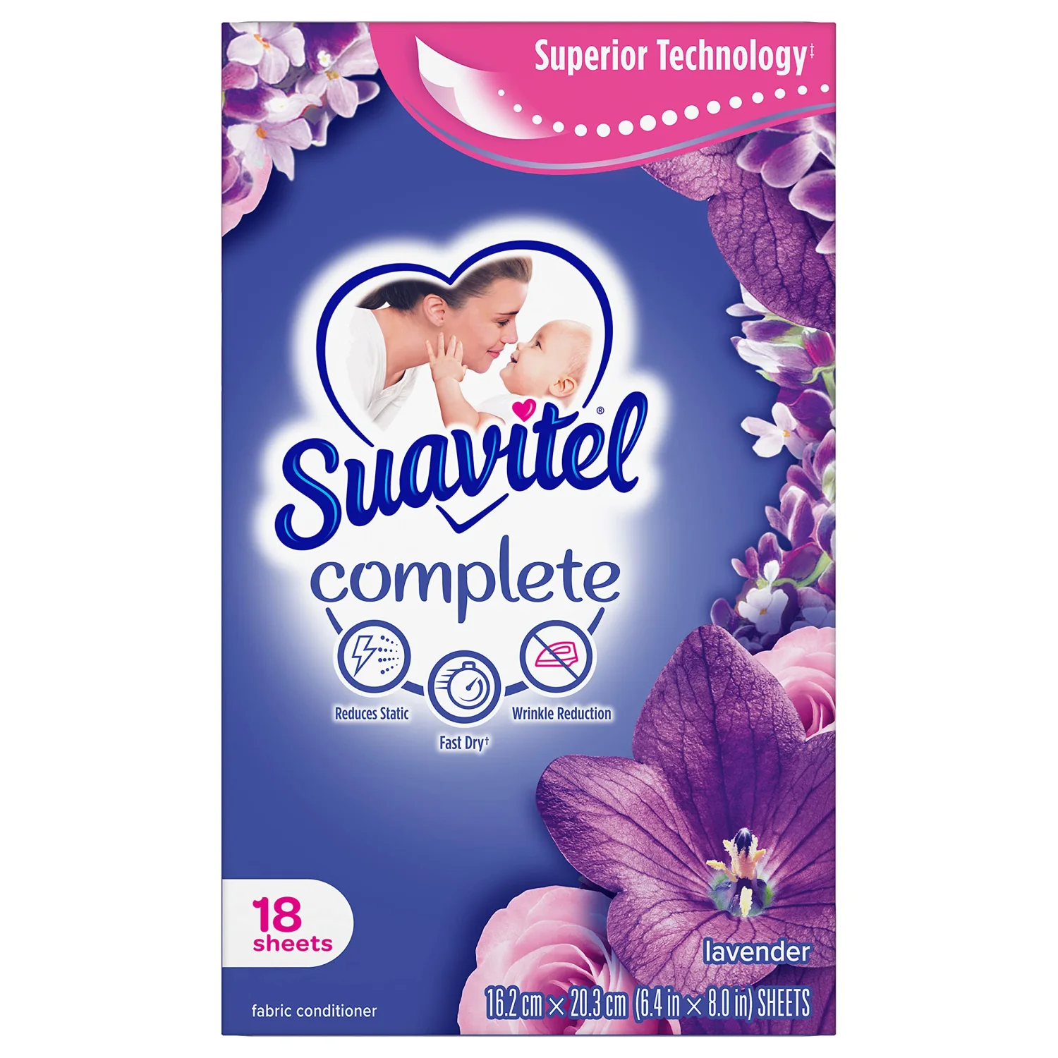 Suavitel Complete Dryer Sheets, Fabric Conditioner, Lavender Scent, 18 Sheets