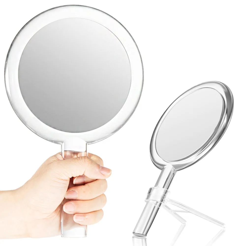 Queekay Double-Sided Handheld Mirror with Stand, 1X/10X Magnifying Mirror, Clear Adjustable, Round Shape, 25.8 x 15 cm