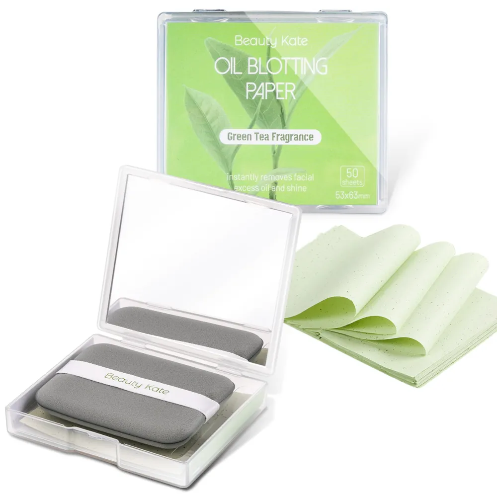 2 Pack Oil Blotting Sheets for Face, Oil Blotting Paper Green Tea Total 100 sheets with Portable Mirror Case & Makeup Puff Makeup Friendly