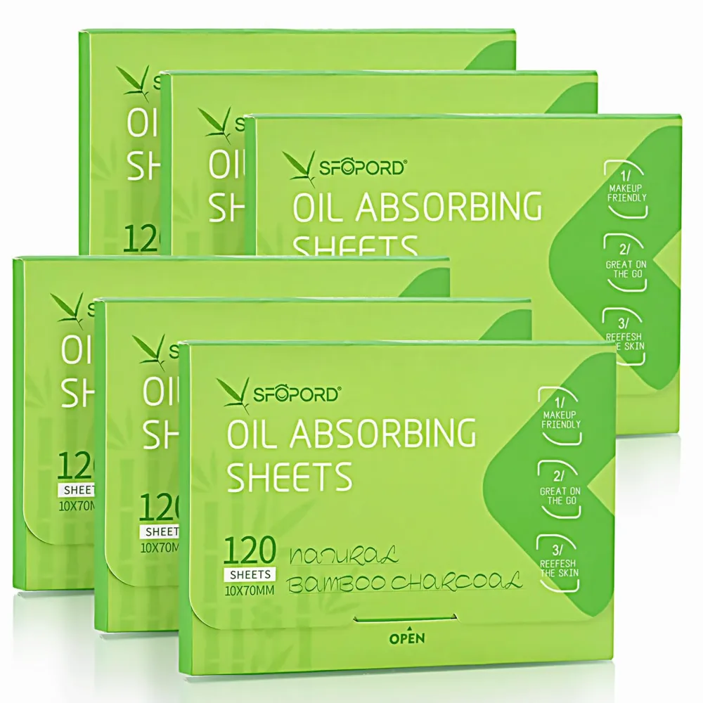 Oil Absorbing Sheets with Bamboo Charcoal - 6 Pack (720 sheets) Oil Blotting Sheets For Face, 20% More Makeup Friendly High-performance Handy Face Blotting Paper for Oily Skin