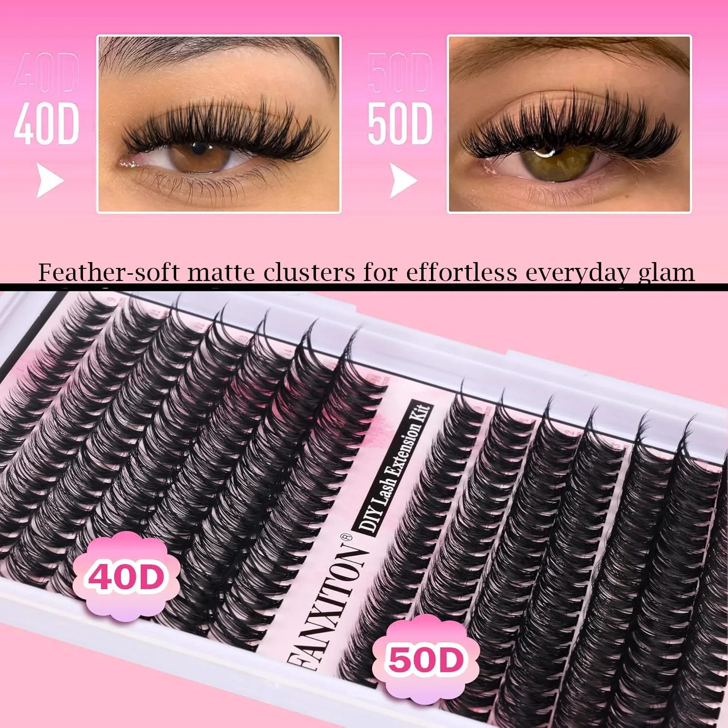 FANXITON DIY Lash Extension Kit Volume Lash Clusters 40D+50D D Curvature Individual Lashes Lash Clusters Kit Thick Eyelash Extension Kit 280 pcs Thin Band Cluster Lashes Lash Bond and Seal Tweezers