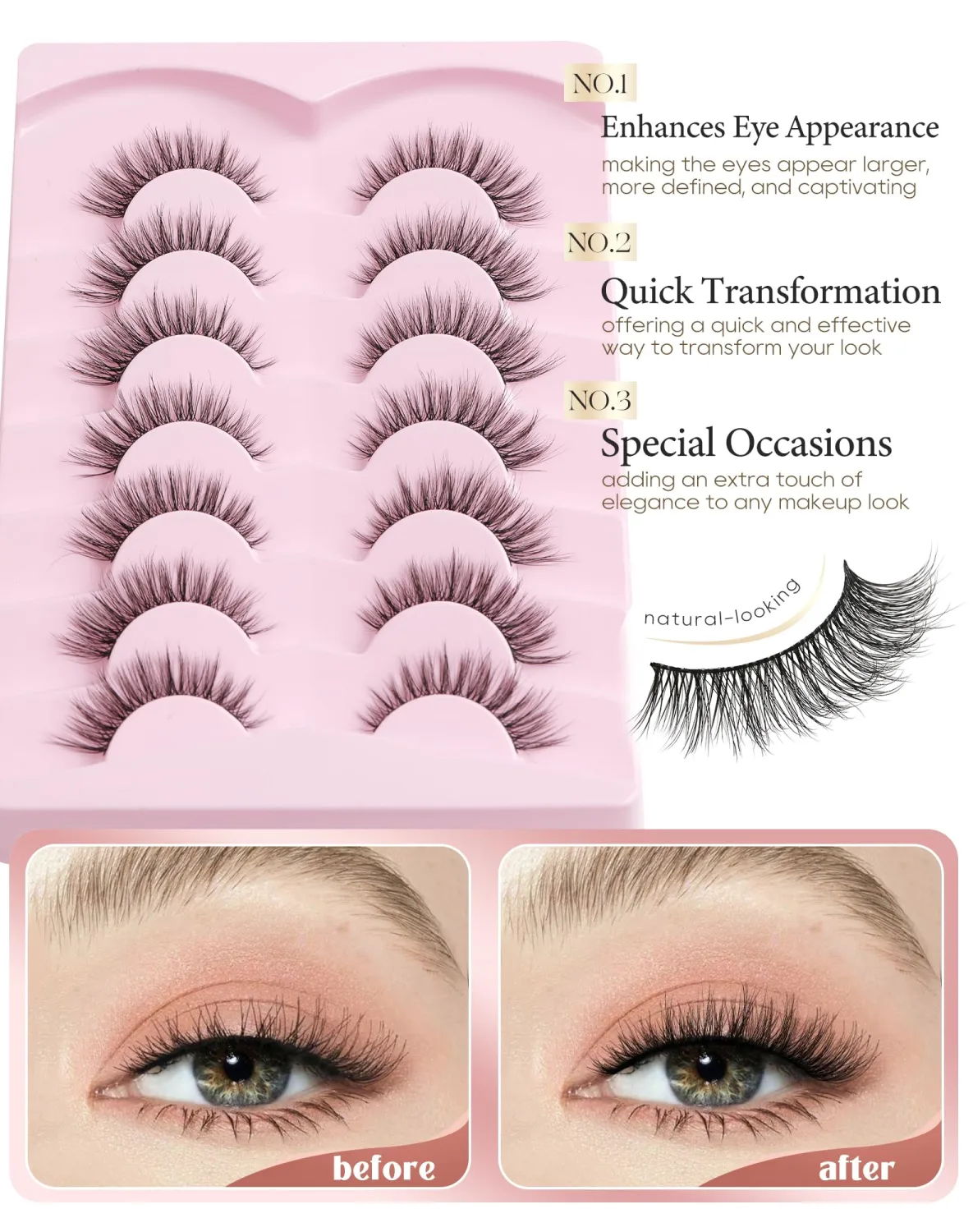 Onlyall Natural Lashes Wispy Lashes Natural Look False Eyelashes Natural Flared Eyelashes False Eye Lashes Soft Fluffy Lashes 7 Pairs D-K06, Black