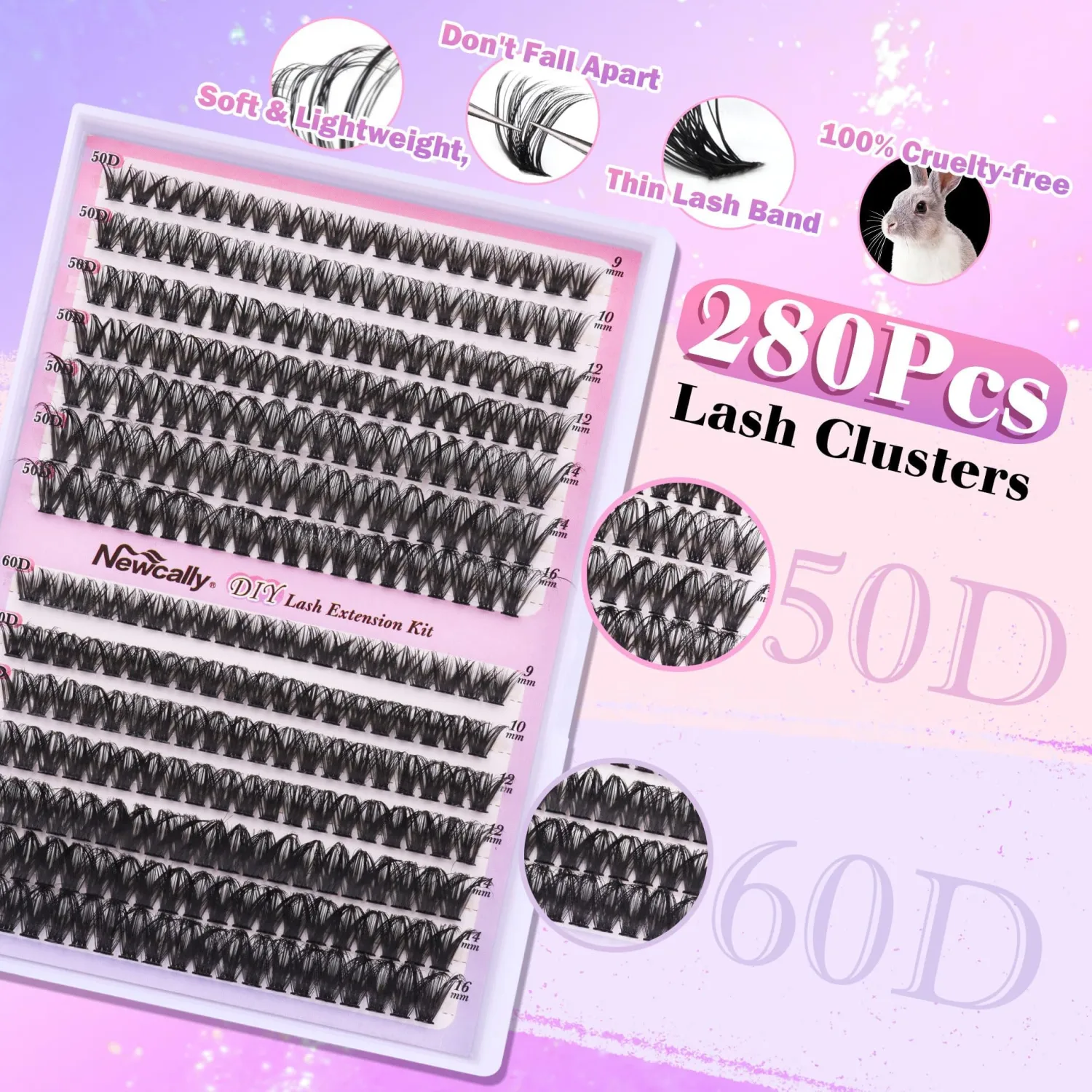 Newcally Lash Clusters Kit Wispy DIY Lash Extension Kit Fluffy Cluster Eyelashes Extension Natural Look D Curl Individual Lashes Kit 9-16MM Faux Mink Cluster Lashes(50D+60D, 0.07D)