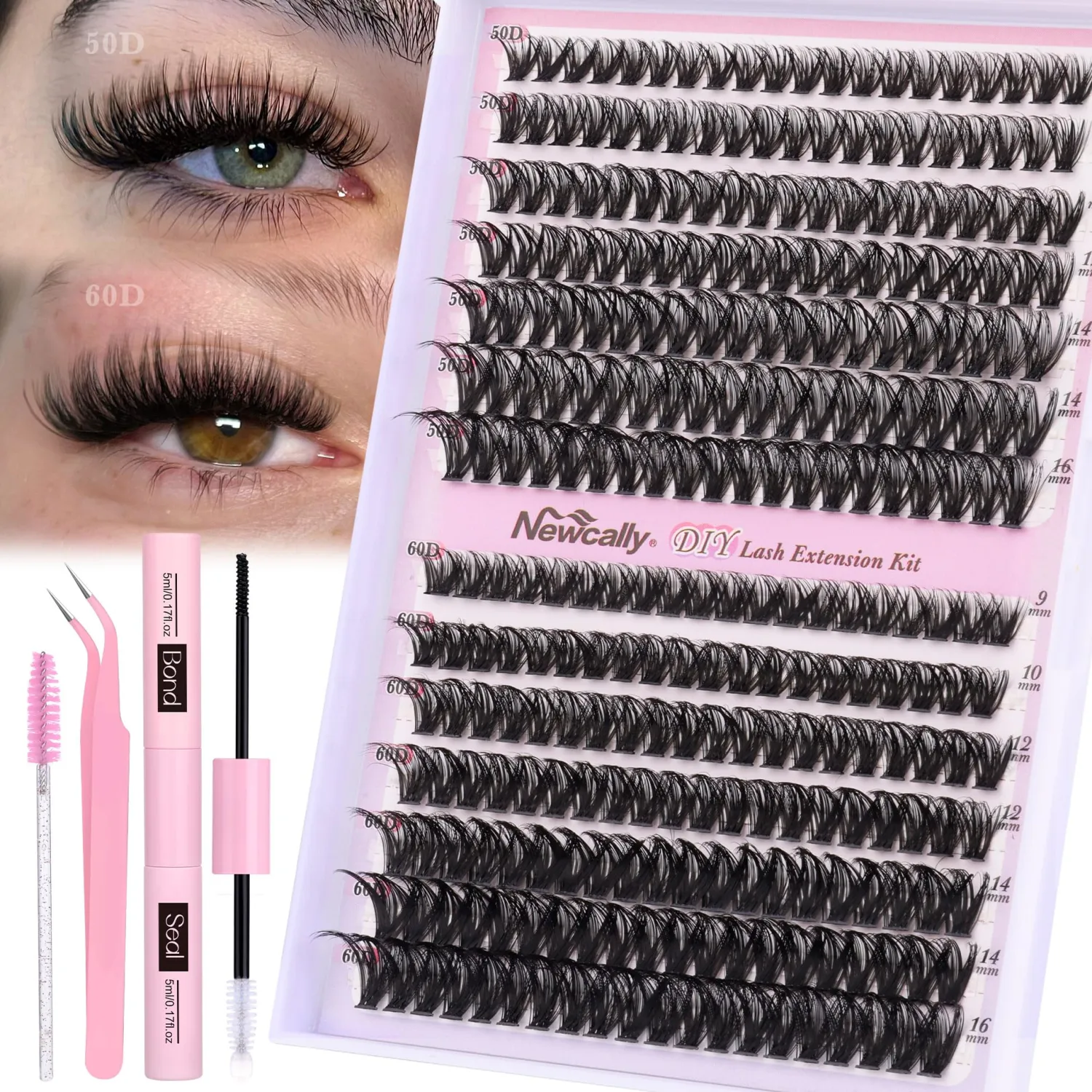 Newcally Lash Clusters Kit Wispy DIY Lash Extension Kit Fluffy Cluster Eyelashes Extension Natural Look D Curl Individual Lashes Kit 9-16MM Faux Mink Cluster Lashes(50D+60D, 0.07D)
