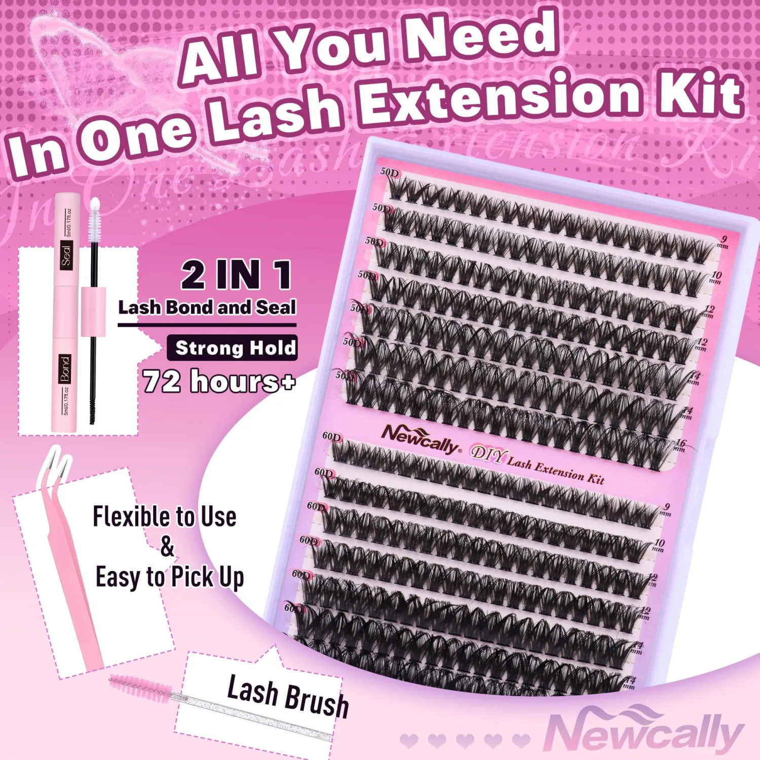 Newcally Lash Clusters Kit Wispy DIY Lash Extension Kit Fluffy Cluster Eyelashes Extension Natural Look D Curl Individual Lashes Kit 9-16MM Faux Mink Cluster Lashes(50D+60D, 0.07D)