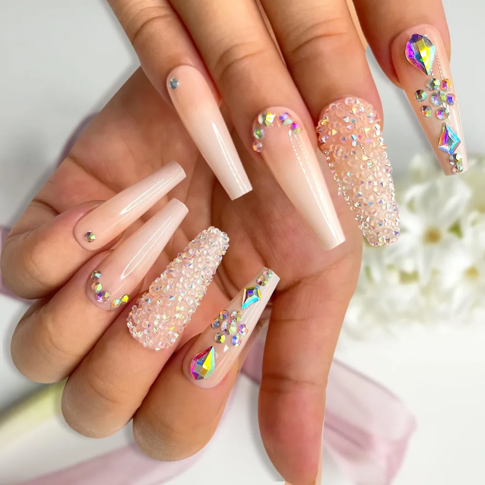 24Pcs Acrylic Press on Nails Long Coffin Glossy Ombre Pink Fake/False Nails With Rhinestone&Glitter Powder Press ons Designs Bling Press on Nails Wedding Artificial Nails Stick on Nails For Women