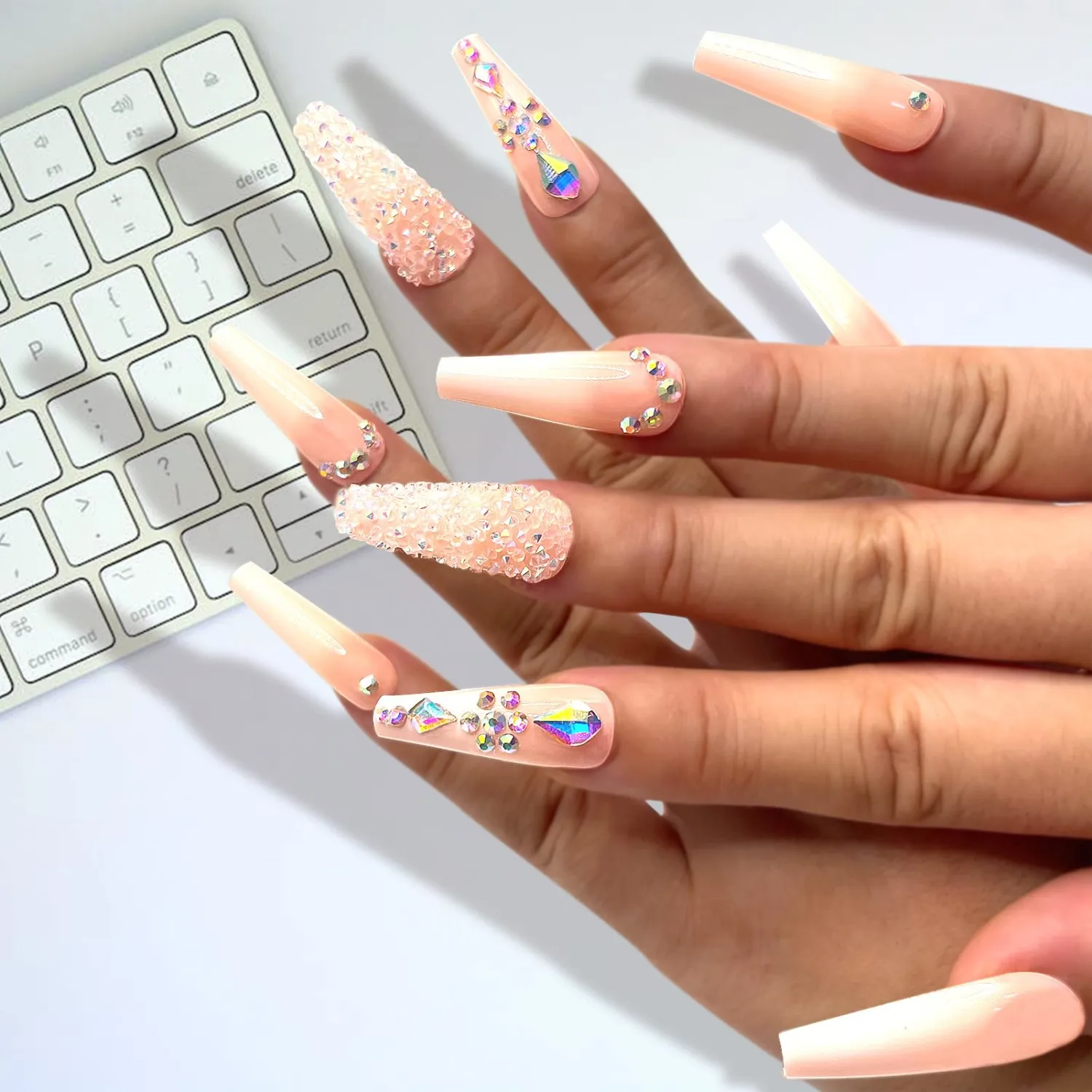 24Pcs Acrylic Press on Nails Long Coffin Glossy Ombre Pink Fake/False Nails With Rhinestone&Glitter Powder Press ons Designs Bling Press on Nails Wedding Artificial Nails Stick on Nails For Women