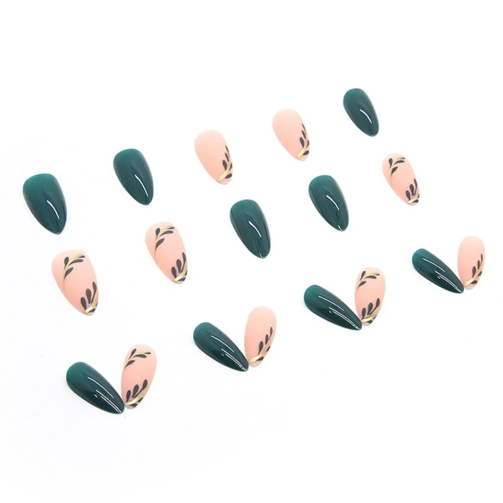 Green Press on Nails Medium Fake Nails Almond Shape Press On Nails,RUPOFUZA Acrylic False Nails with Green Leaf Designs Nails Press ons Artificial Nails Stick on Nails for Women 24Pcs