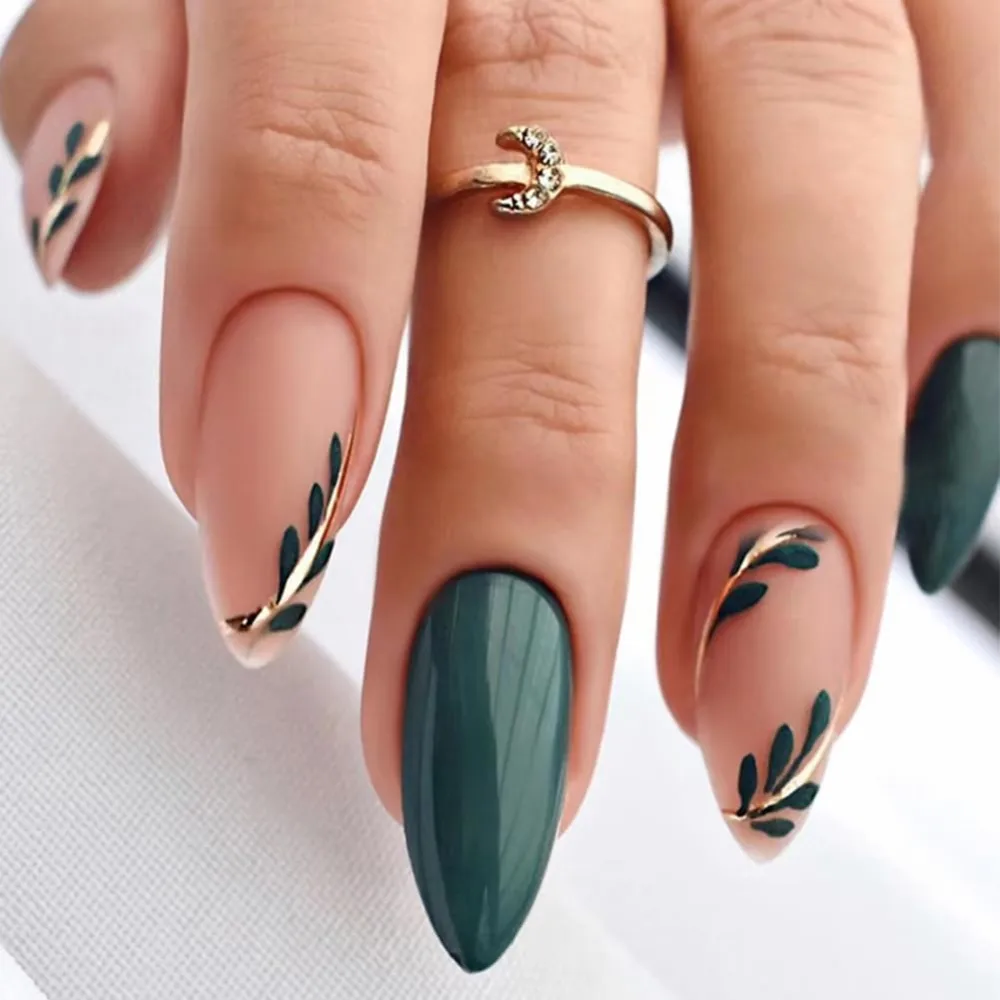 Green Press on Nails Medium Fake Nails Almond Shape Press On Nails,RUPOFUZA Acrylic False Nails with Green Leaf Designs Nails Press ons Artificial Nails Stick on Nails for Women 24Pcs