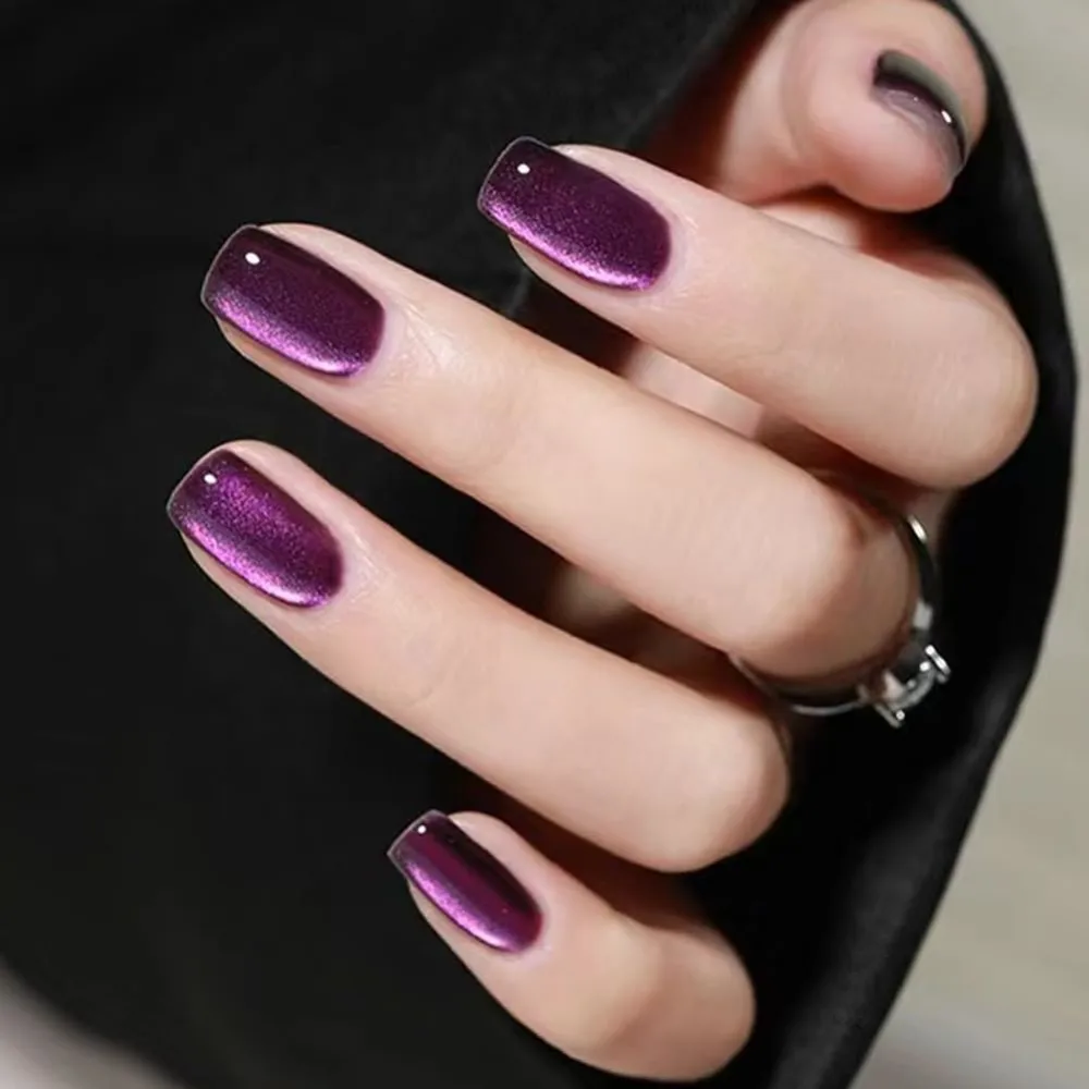 Medium Press on Nails Coffin Fake Nails 24Pcs Square False Nails with Purple Cat Eye Designs Acrylic Nails Press ons Artificial Nails Stick on Nails for Women