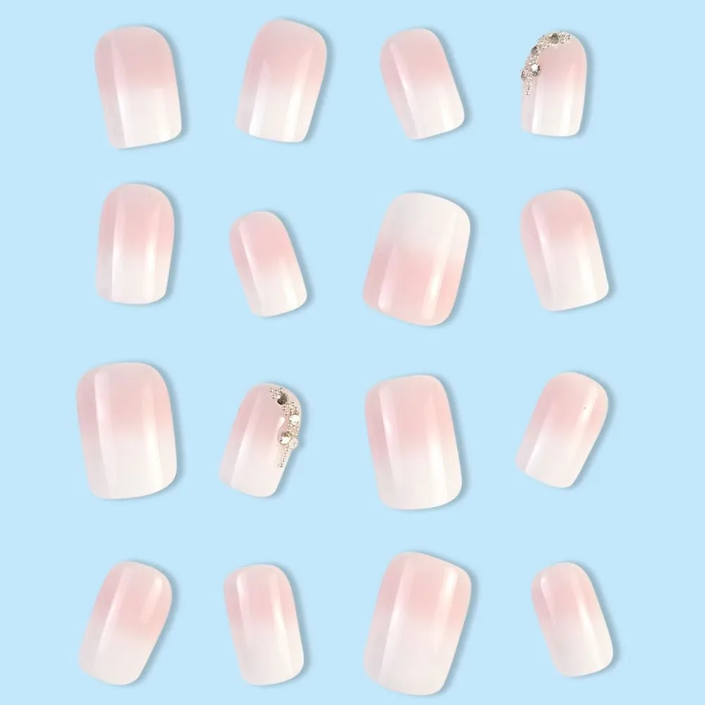 Medium Press on Nails Square Fake Nails RUPOFUZA Acrylic False Nails with Rhinestone Press ons Designs Ombre White Nails Press ons Artificial Nails Stick on Nails for Women 24Pcs