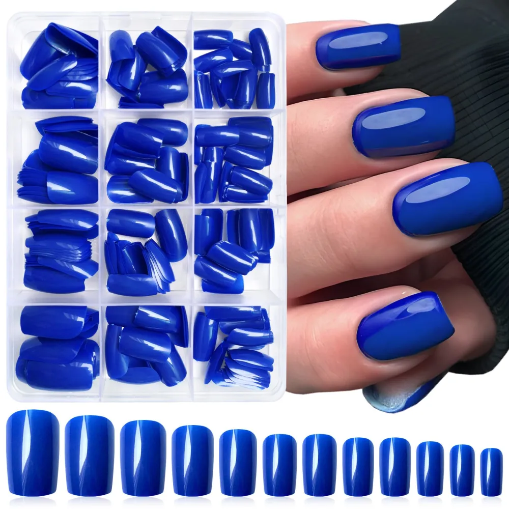 LoveOurHome 240pc Blue Press on Nails Medium Square Fake Nails Press ons Square Nail Tips Gel False Nails Colored Presson Artificial Fingernails & Glue Adhesive Tabs Women Girls Manicure Decor