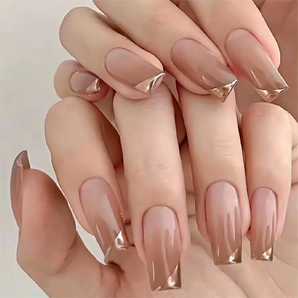 Medium Press on Nails Coffin Fake Nails with Designs Nude Gradient Acrylic False Nails with Glue French Gold Tip Artificial Nails Glossy Fake Fingernails Stick on Nails for Women 24Pcs