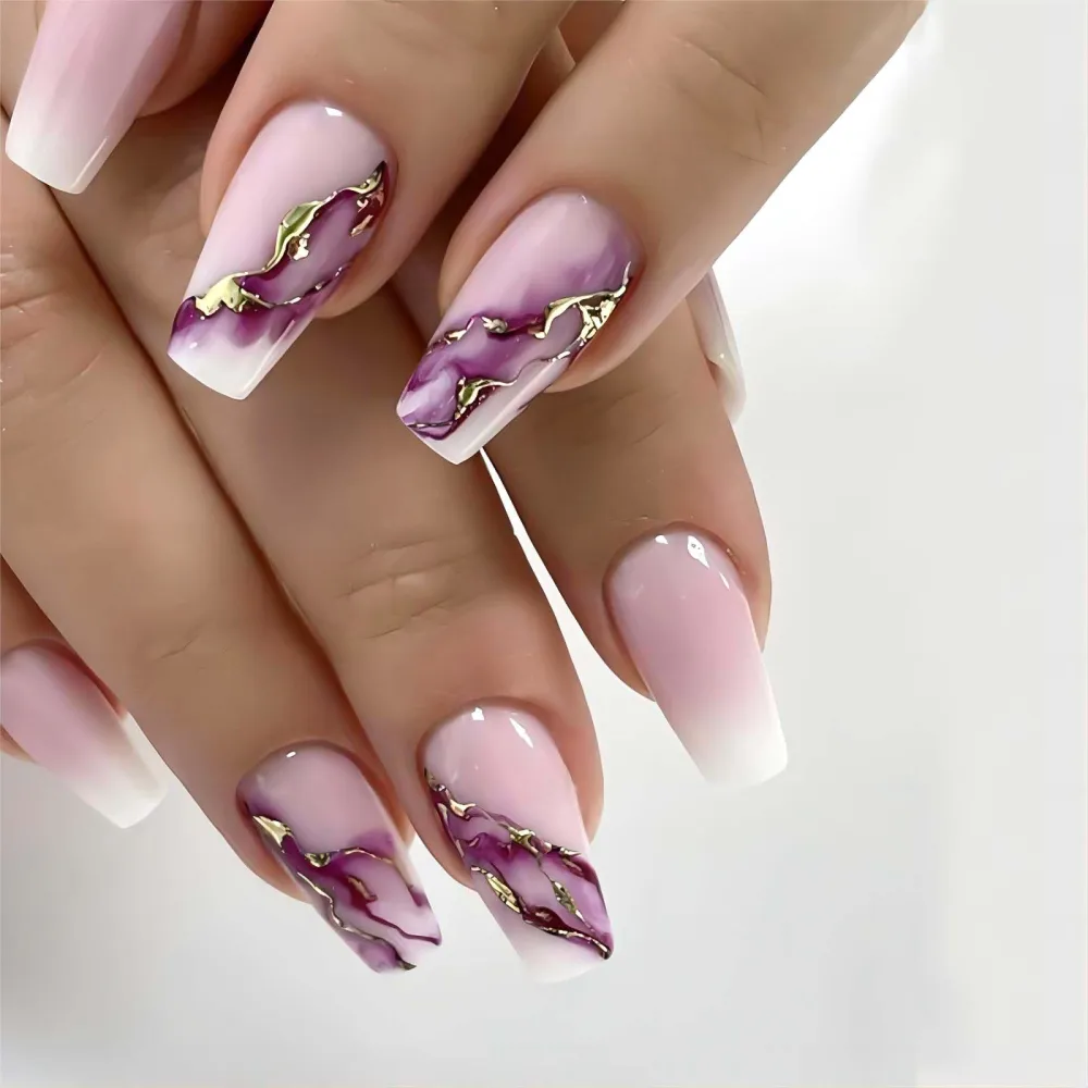 Long Press on Nails Coffin Fake Nails with Glue Pink Ombre Acrylic False Nails with Purple Marble Pattern Designs French Tip Glossy Artificial Nails Fall Winter Stick on Nails for Women 24Pcs