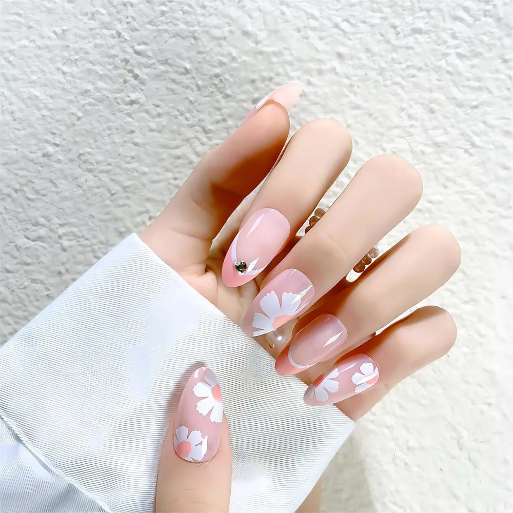 Almond Press on Nails Medium French Tip Fake Nails with Glue Acrylic False Nails with Rhinestones and Flower Designs Pink Glossy Artificial Nails Fall Winter Stick on Nails for Women 24Pcs