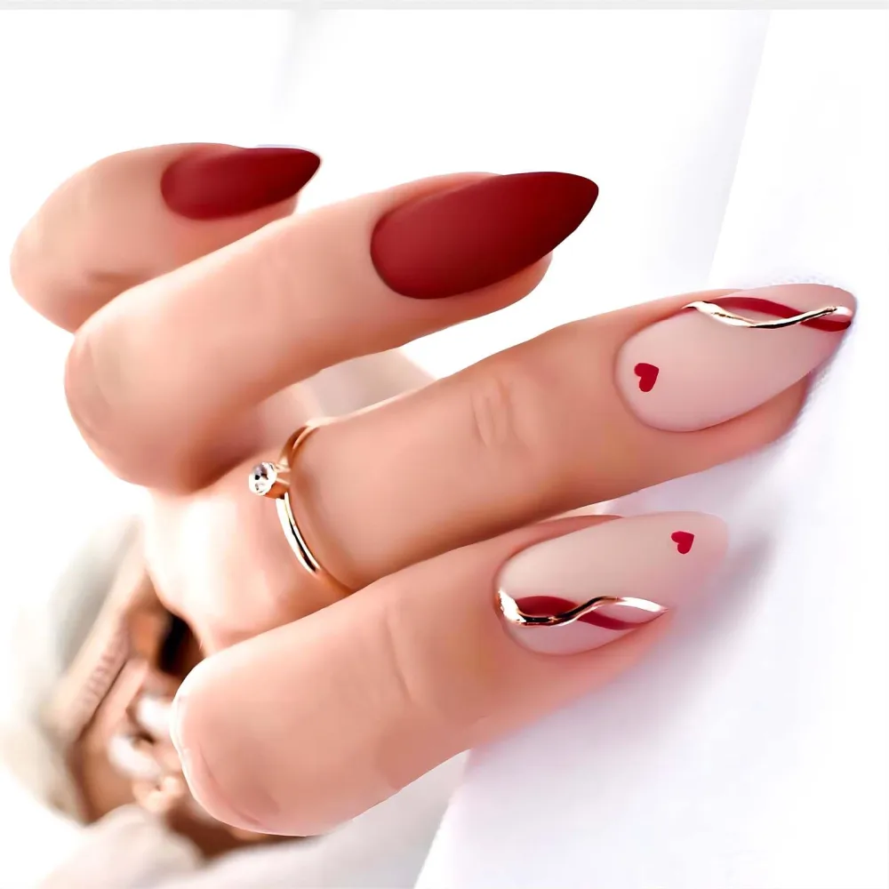 Heart Press on Nails Almond Fake Nails with Glue Pink Acrylic False Nails with Love Designs Red Glossy Fake Fingernails Valentines Artificial Nails Stick on Nails for Women Holiday Gift 24Pcs