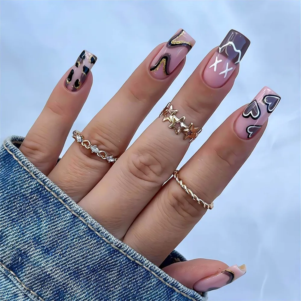 Square Press on Nails Medium Length Fake Nails with Glue Purple Acrylic False Nails with Brown Striped Love Heart Designs Glossy Gold Glitter Artificial Nails Fall Winter Stick on Nails 24Pcs