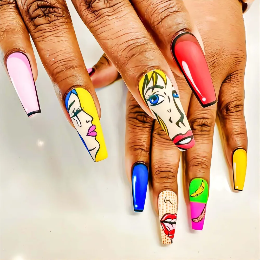 Nails Press Ons Long Press on Nails Coffin Fake Nails with Nails Glue Matte Acrylic False Nails with Anime Girl Tears Red Lip Designs Colorful Full Cover Artificial Stick on Nails 24Pcs