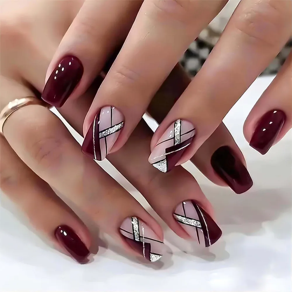 Acrylic Press on Nails, 24Pcs Medium Square Fake Nails with Glue, Wine Red Designs, Glitter Lines, Holiday Nails Stick on Nails for Women