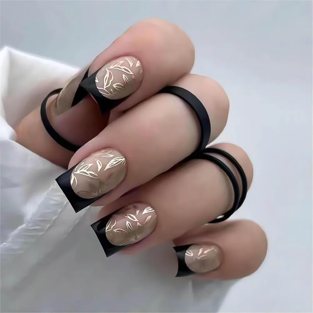 Black French Tip Press on Nails Medium Press on Nails Square Fake Nails Acrylic False Nails with Designs Gold Leaf Glossy Artificial Nails Luxury Stick on Nails for Women 24Pcs