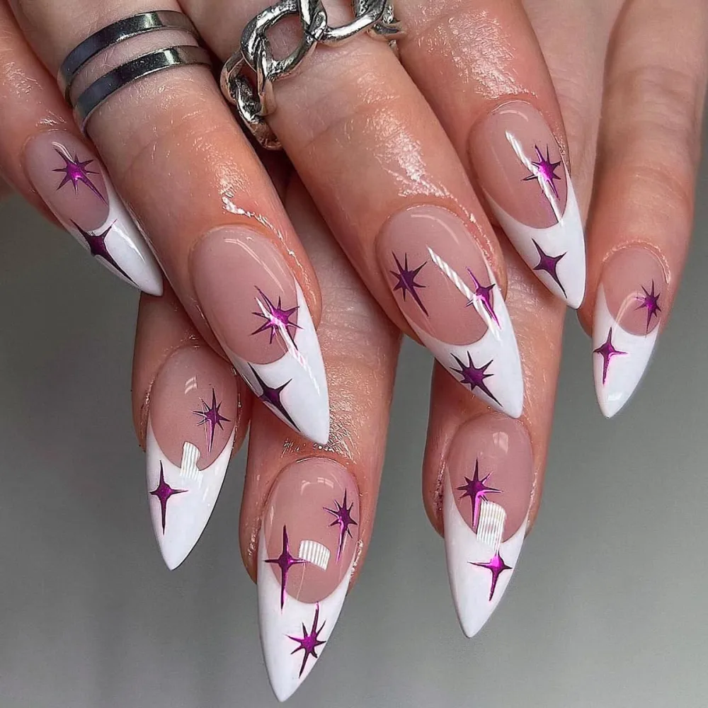 24 Pcs Pink Press on Nails Almond - YEFIUO Spring Short Almond Fake Nails Press ons White French Nail Tip with Design Full Cover False Nails Glue on Nails Stick on Nail Artificial Acrylic Nail Art Kit