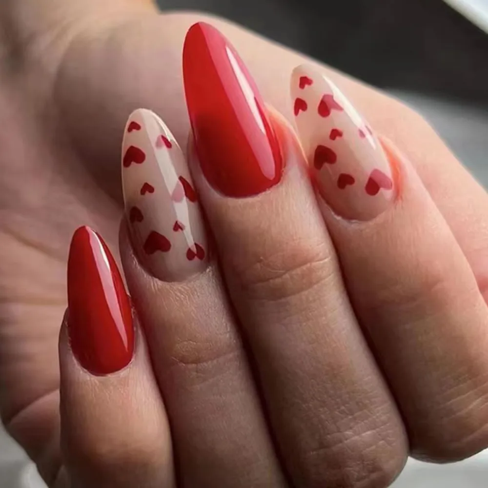 24 Pcs Red Press on Nails Almond - YEFIUO Spring Short Almond Fake Nails Press ons French Nail Tip with Heart Design Full Cover False Nails Glue on Nails Stick on Nails Artificial Acrylic Nail Art Kit