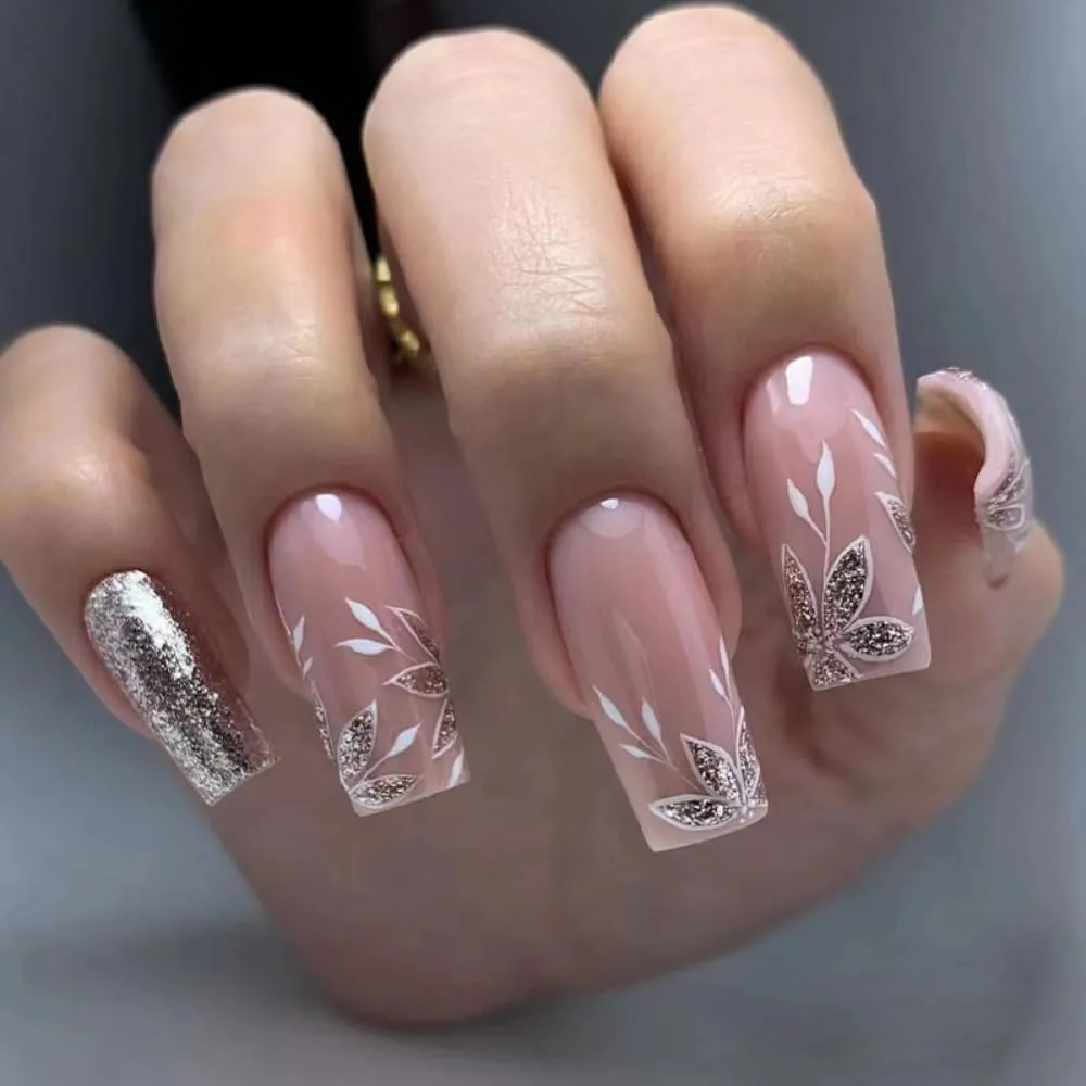 Press on Nails Long Square,Cute Pink Fake Nails For Girls with Glitter Floral Design,Glue on Nails Acrylic Nails Press on Reusable Coffin Nails False Nails Stick on Nails for Women