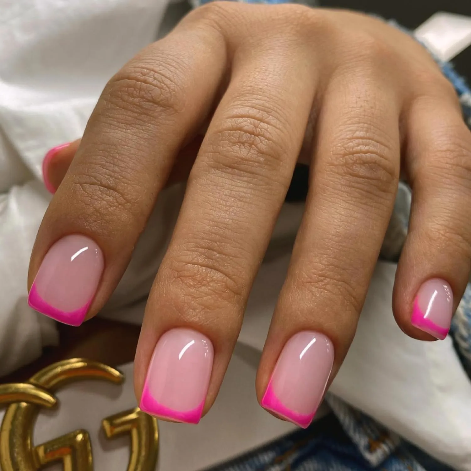 Hot Pink French Tip Press on Nails Short Square Nails Press ons French Tip Glue on Nails for Women DIY Acrylic French Nails Short Gel Nails, Natural Thick Extra Short French Fake Nails 30Pcs 15 Sizes