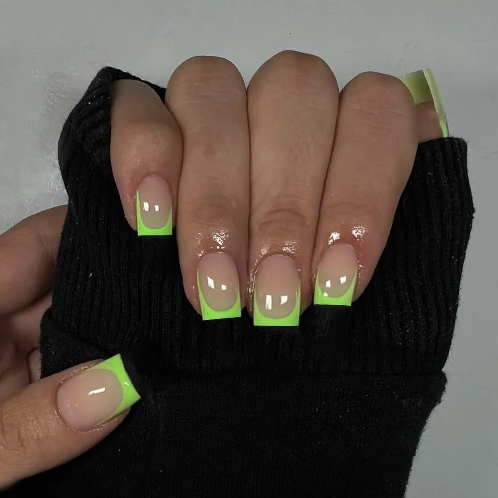 Neon Green French Tip Press on Nails Short Square Nails Press ons French Tip Glue on Nails for Women DIY Acrylic French Nails Short Gel Nails Natural Thick Extra Short French Fake Nails 30Pcs 15 Sizes